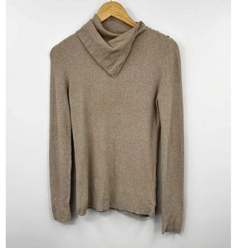 Theory Leendelly Volt Asymmetrical Sweater Wome's Ribbed Turtleneck Top Tan M‎